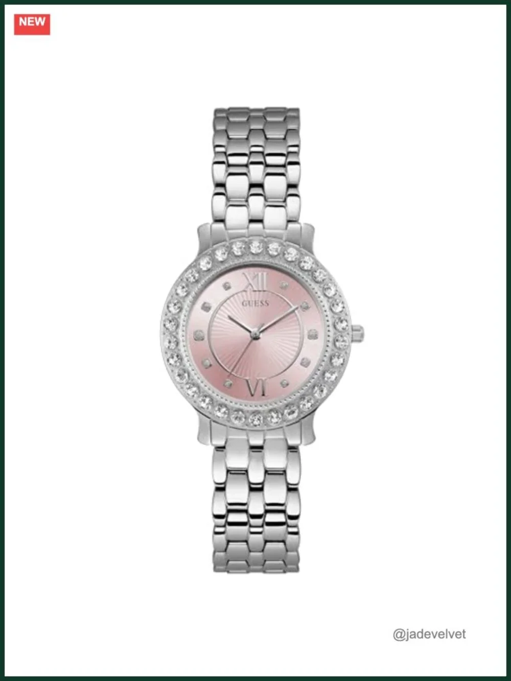 Stainless Steel Pink Crystal Watch with Mineral Crystal and Bracelet